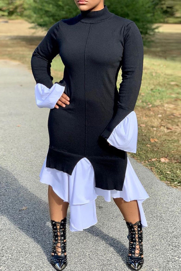 Black & White Irregular Patchwork Midi Dress
