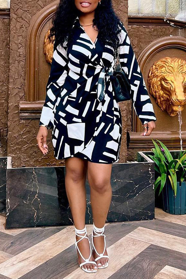 Chic V-Neck Allover Print Belted Dress
