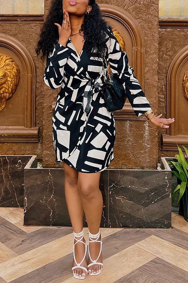 Chic V-Neck Allover Print Belted Dress