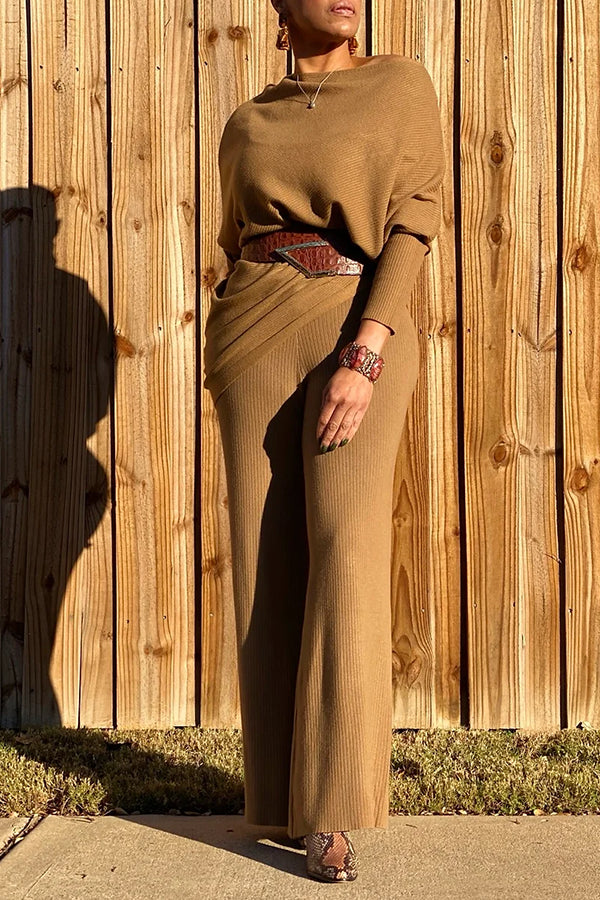 Comfortable Oblique Neck Top & Rib-knit Pants Set