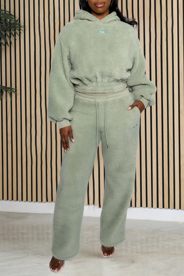 Cozy Lantern Sleeve Letter Hoodie & Drawstring Waist Pants Set