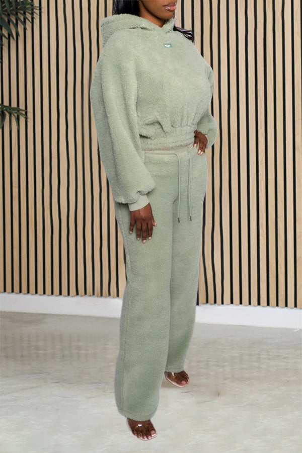 Cozy Lantern Sleeve Letter Hoodie & Drawstring Waist Pants Set