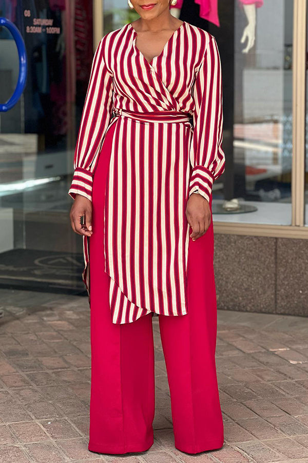 Classic Striped Belted Surplice Neck Pants Set