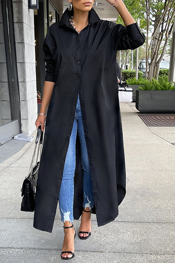 Lapel Solid Color Stylish Long Shirt