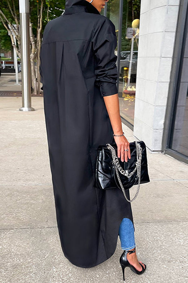Lapel Solid Color Stylish Long Shirt