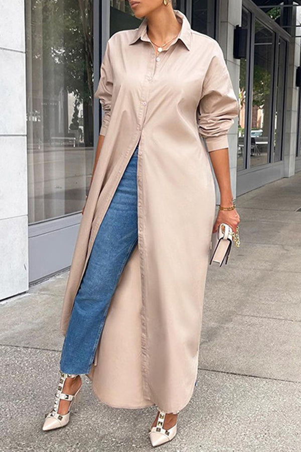 Lapel Solid Color Stylish Long Shirt