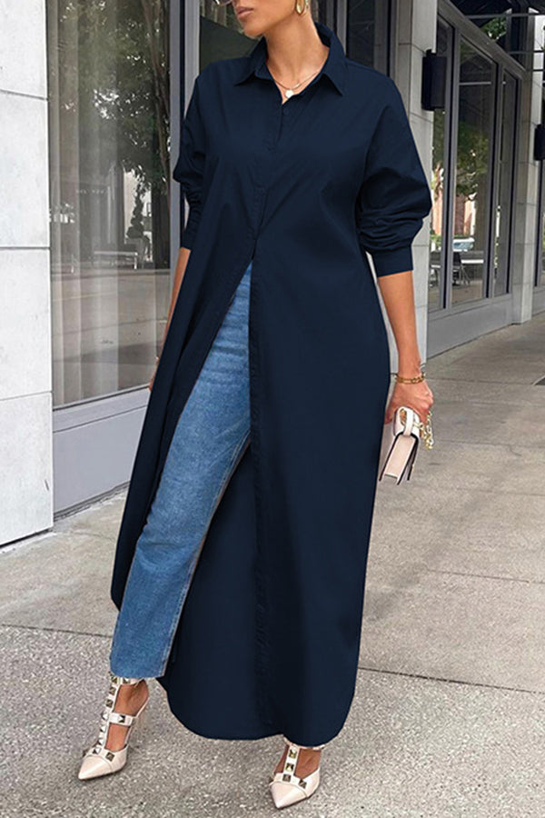 Lapel Solid Color Stylish Long Shirt