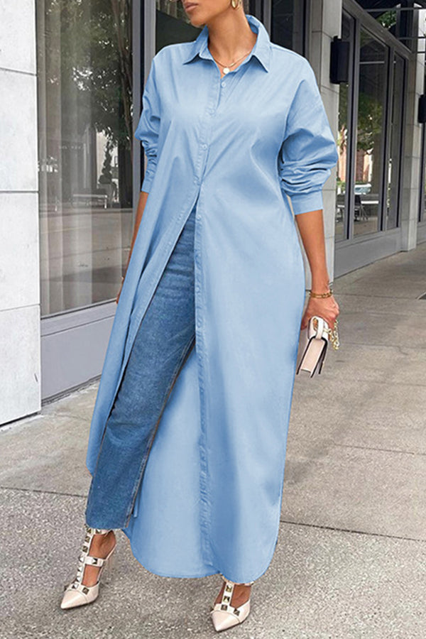 Lapel Solid Color Stylish Long Shirt