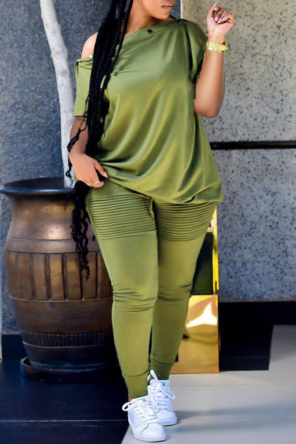 Oblique Collar T-shirt Ruched Pants Set
