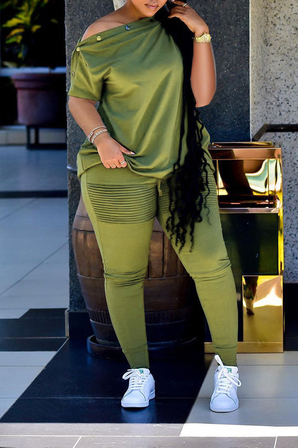Oblique Collar T-shirt Ruched Pants Set