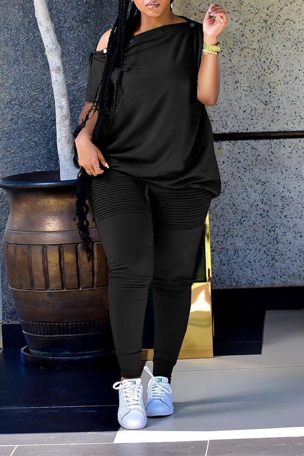 Oblique Collar T-shirt Ruched Pants Set