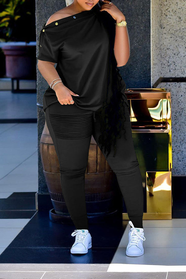 Oblique Collar T-shirt Ruched Pants Set