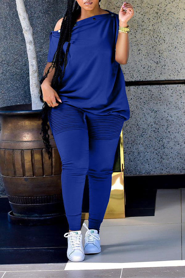 Oblique Collar T-shirt Ruched Pants Set