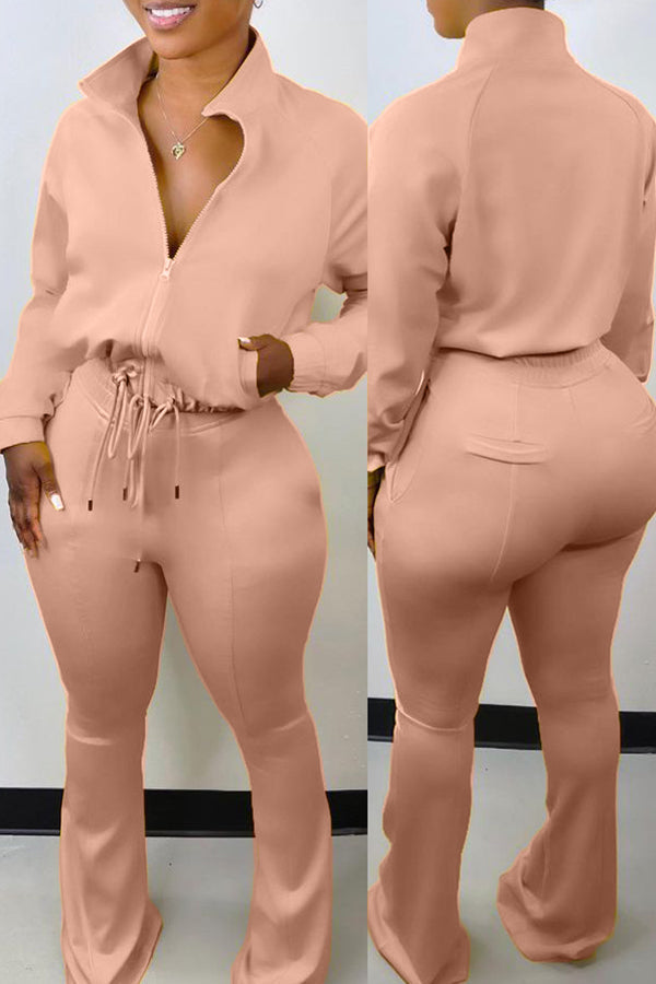 Drawstring Mandarin Collar Jacket Set