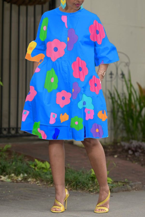 Floral Print Round Neck Ruffle Hem Dress