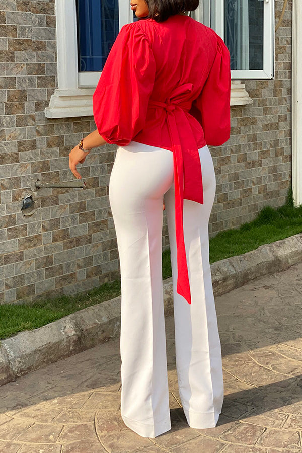 Elegant V-Neck Puff Sleeve Button Up Blouse