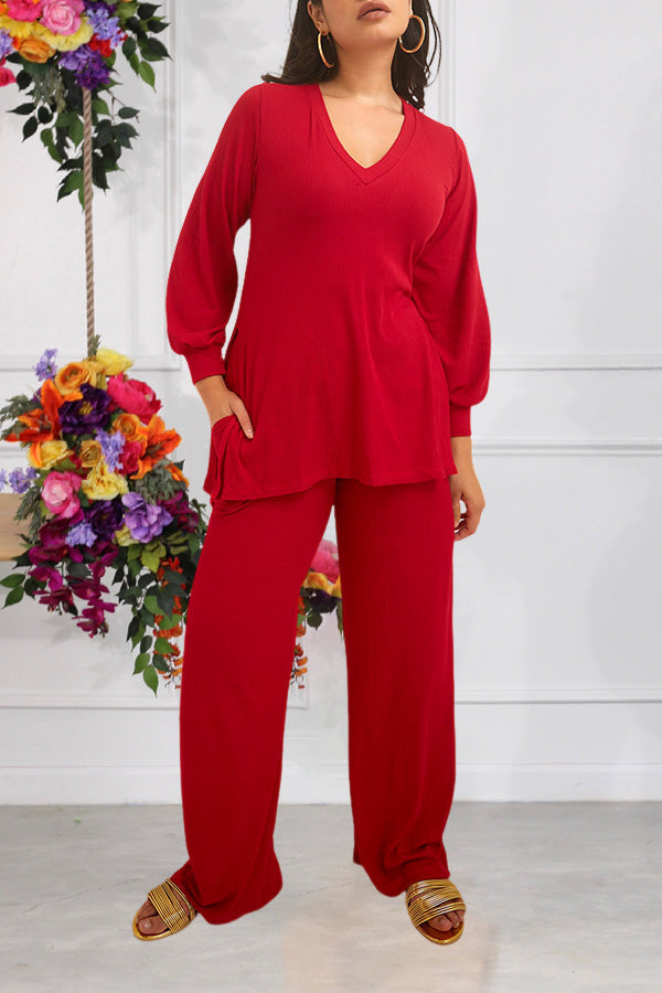 Casual V-Neck Lantern Sleeve Top &  Pants Set