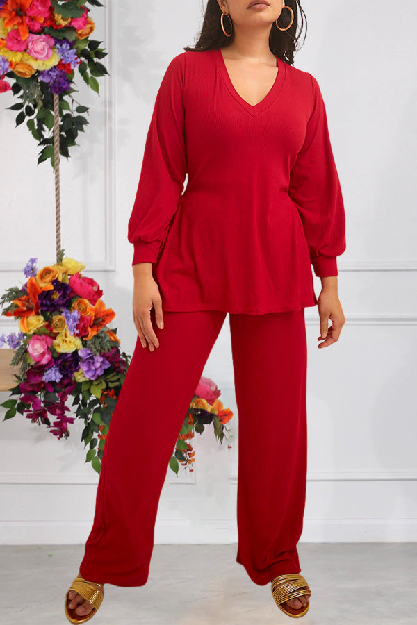 Casual V-Neck Lantern Sleeve Top &  Pants Set