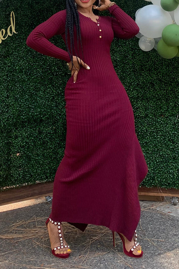 Rib-knit Snap Button Asymmetrical Hem Dress
