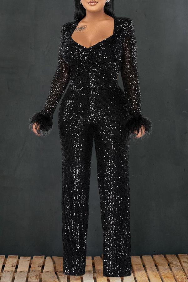 Sweetheart Collar Fuzzy Trim Jumpsuit