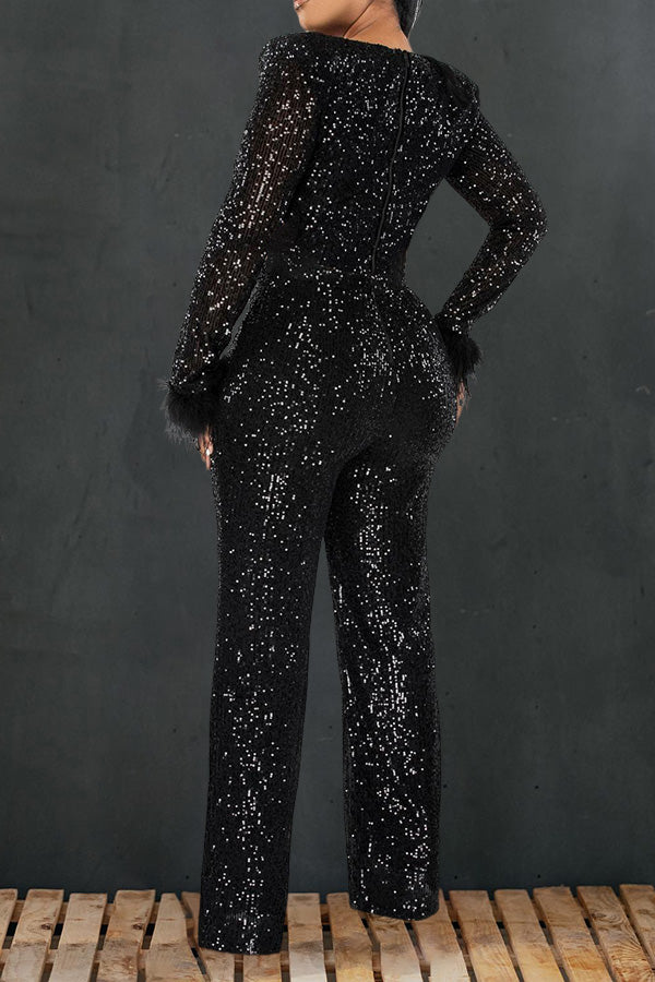 Sweetheart Collar Fuzzy Trim Jumpsuit