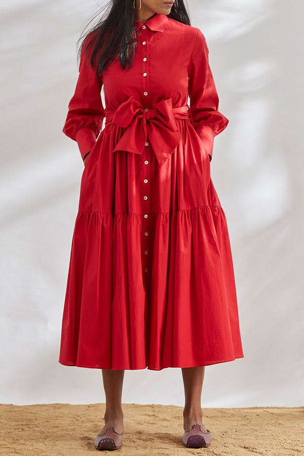 Lantern Sleeve Ruffle Hem Shirt Dress