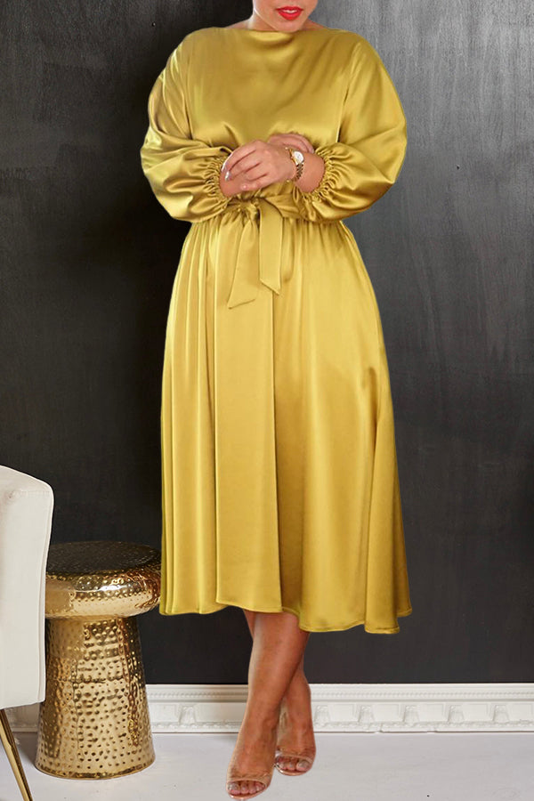 Satin Lantern Sleeve Dress With Belt