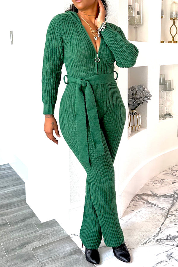  Cozy Zipper Hoodie Waffle Knit Jumpsuit