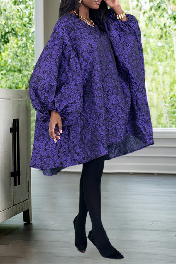 Unique Botanical Print Lantern Sleeve Dress 