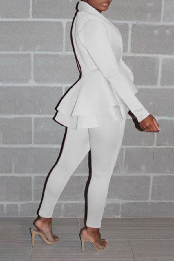 V-Neck Ruffle Hem Blazer & Pants Set