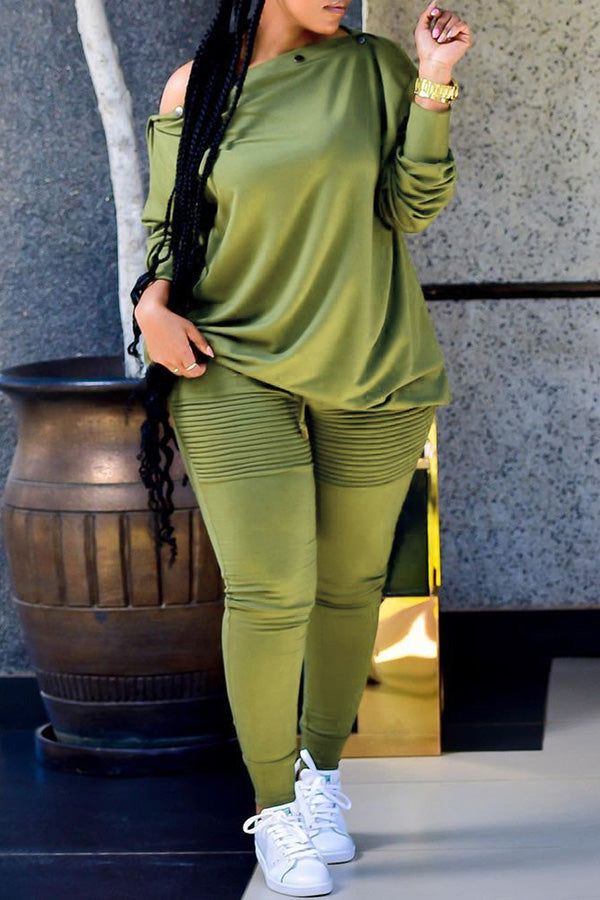 Off Shoulder Buttons Pants Set