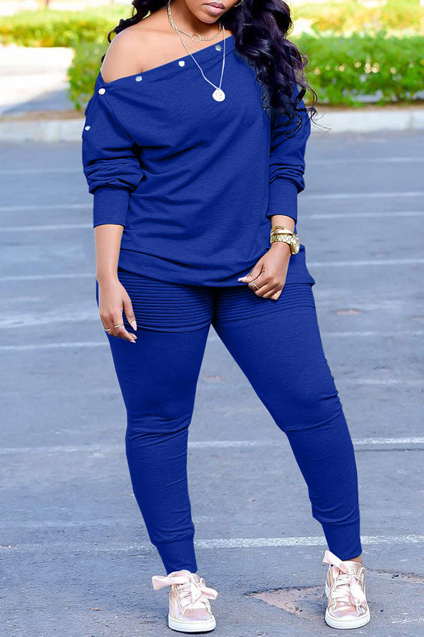 Off Shoulder Buttons Pants Set