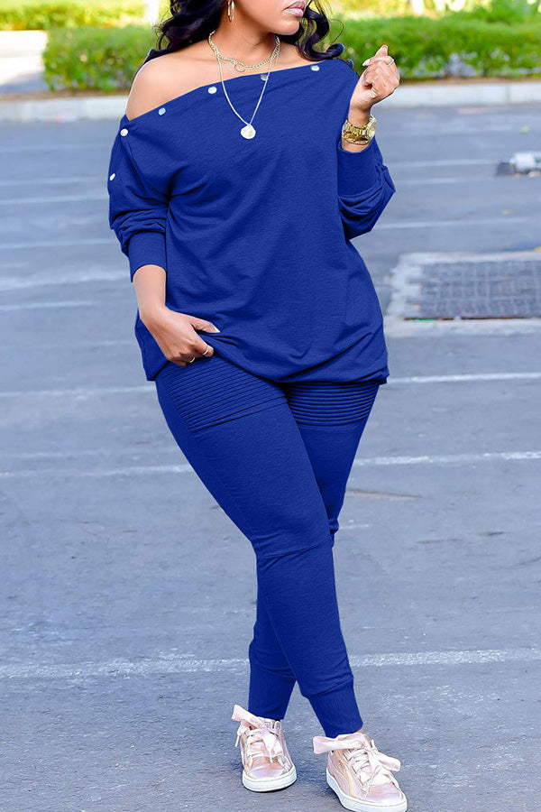 Off Shoulder Buttons Pants Set
