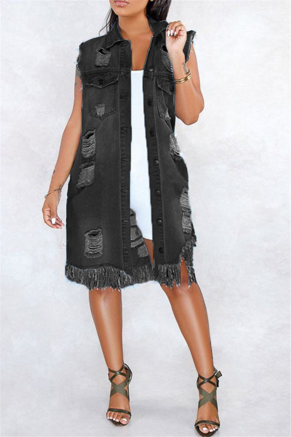 Stylish Ripped Fringe Pockets Jacket