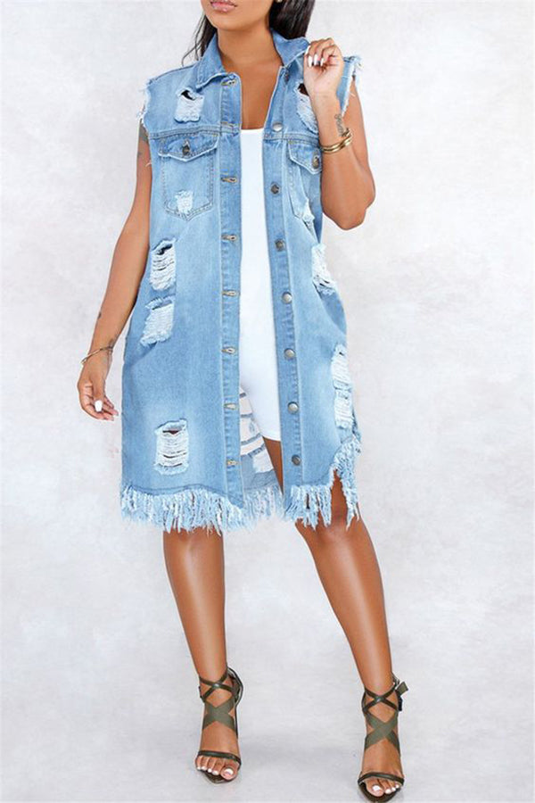 Stylish Ripped Fringe Pockets Jacket