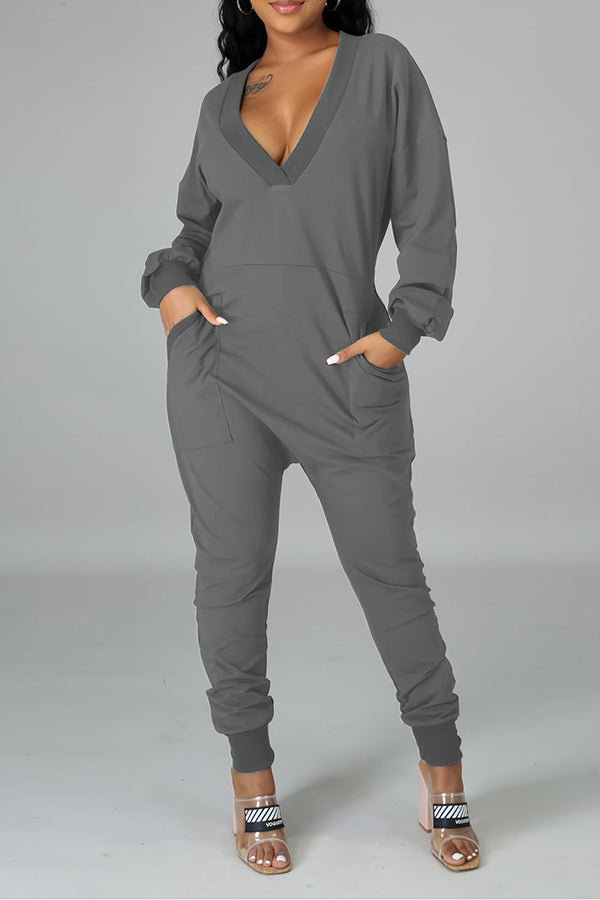 Deep V-Neck Pocket Harem Jumpsuit