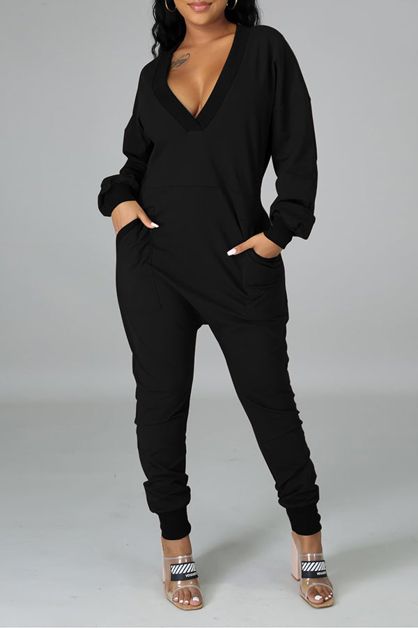 Deep V-Neck Pocket Harem Jumpsuit