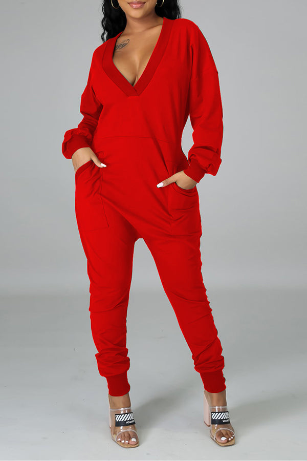 Deep V-Neck Pocket Harem Jumpsuit