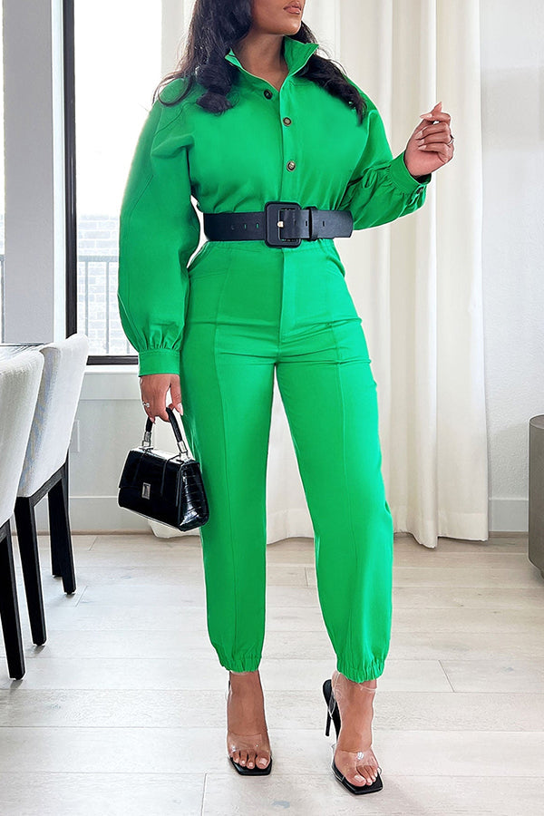 Lapel Button Solid Long Sleeve Jumpsuit