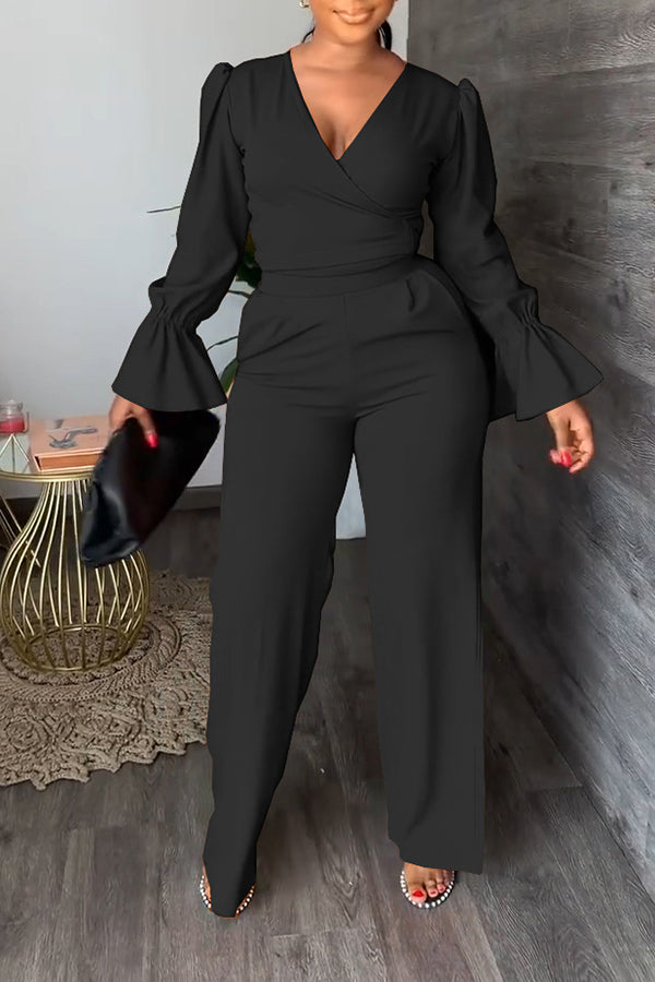 V-neck Flared Sleeve Pants Set