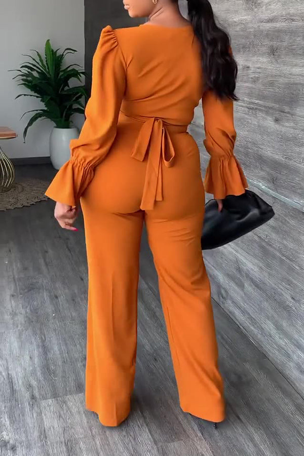 V-neck Flared Sleeve Pants Set