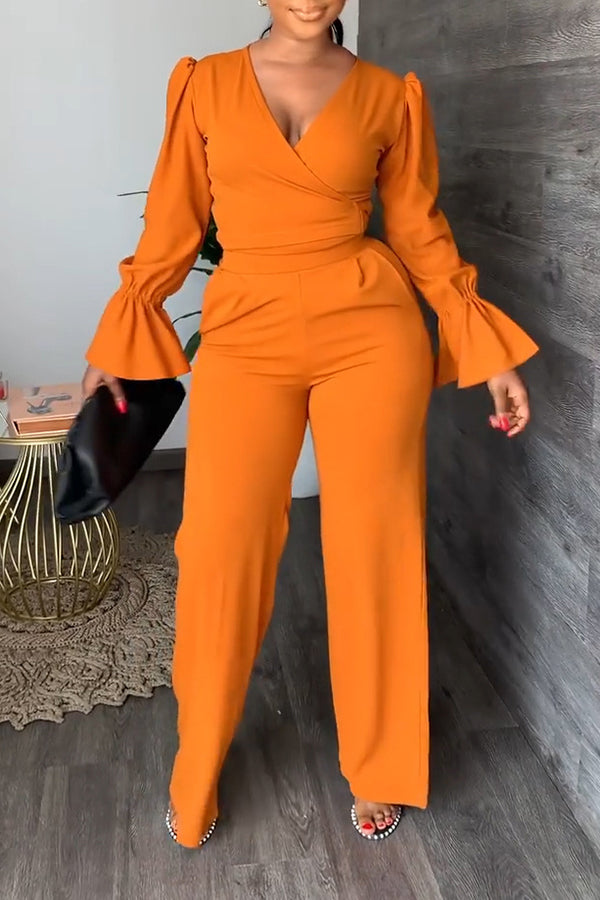 V-neck Flared Sleeve Pants Set