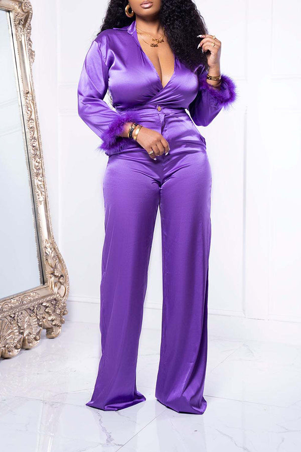 Stain Tie Front Feather Sleeve Pants Set