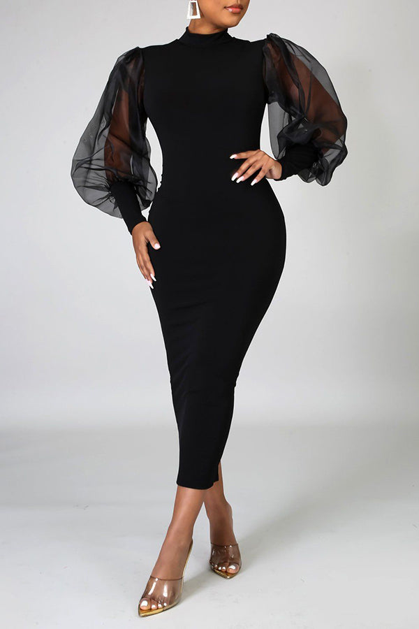 Mesh Lantern Sleeves Maxi Dress