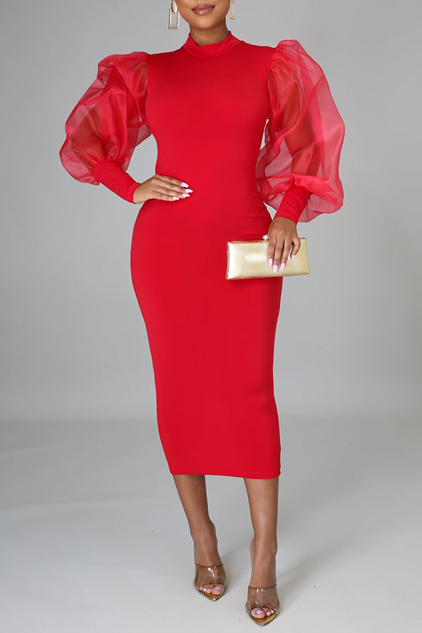 Mesh Lantern Sleeves Maxi Dress