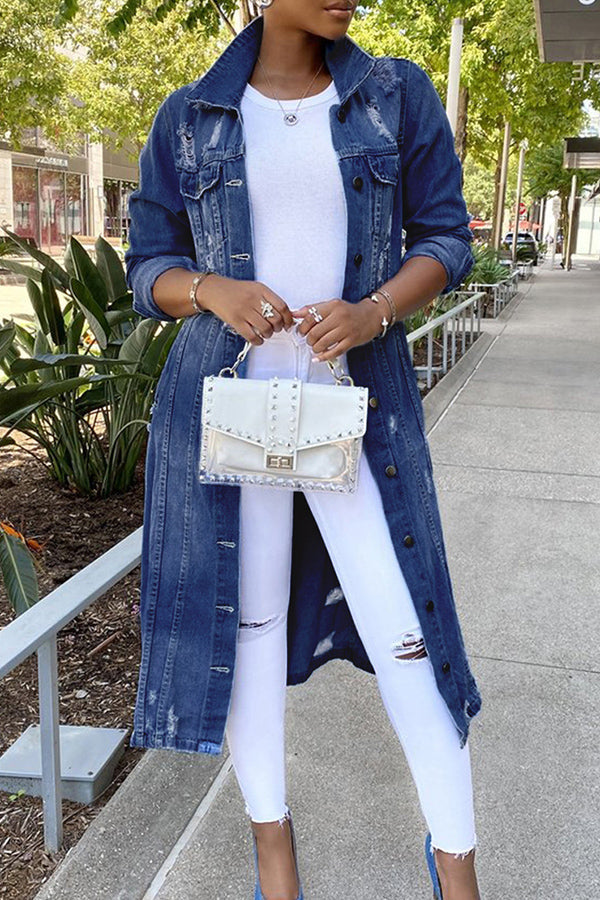 Casual Ripped Longline Denim Jacket