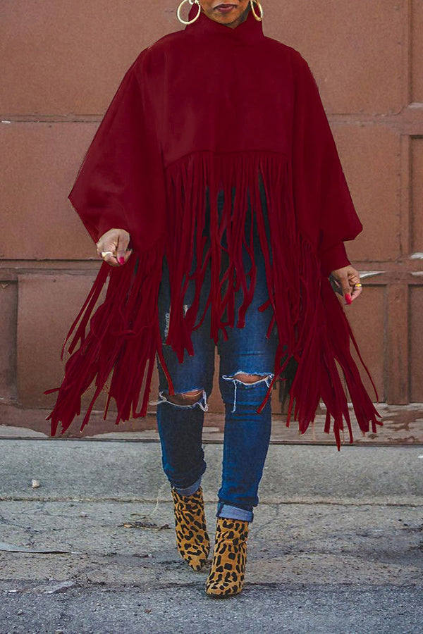 Stylish Tassel Hem Batwing Sleeve Cape