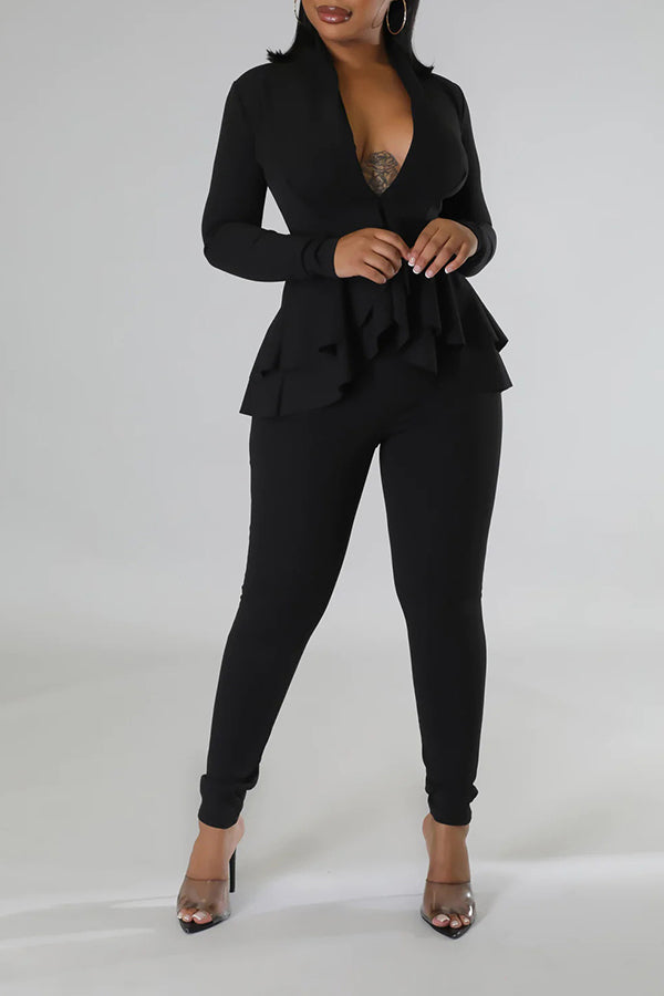 V-neck Irregular Ruffle Hem Pants Set