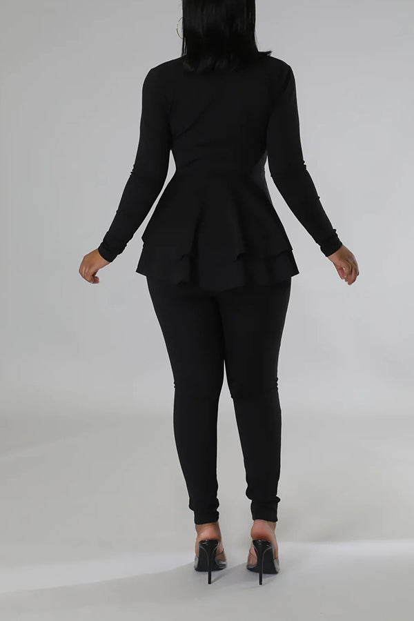 V-neck Irregular Ruffle Hem Pants Set