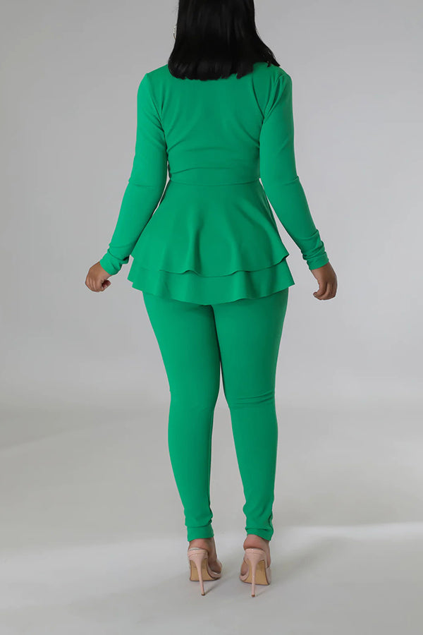 V-neck Irregular Ruffle Hem Pants Set